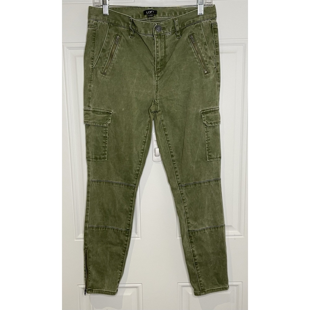 Loft Women's 4 Green Skinny Cargo Pants Moto Cargo Ankle Distressed Zippers